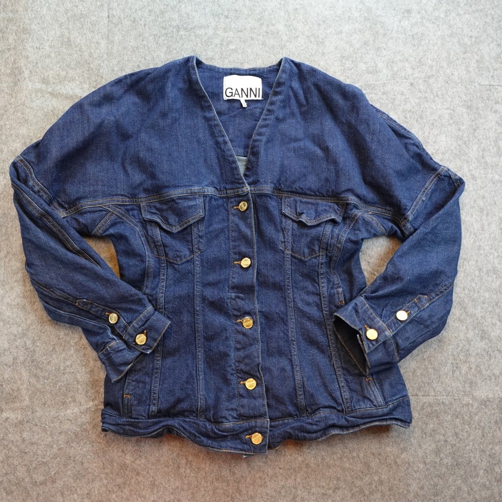 GANNI Jacket Womens Large Blue Denim V Neck Gold Button Dark Wash Organic Cotton